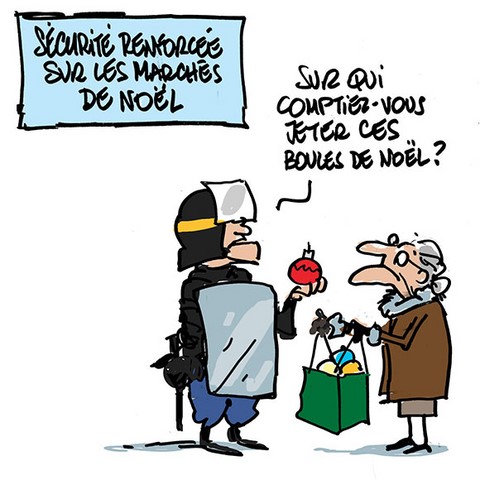 Sécurité renforcée sur les marchés de Noël. Image drôle sur https://www.blagues-en-stock.org